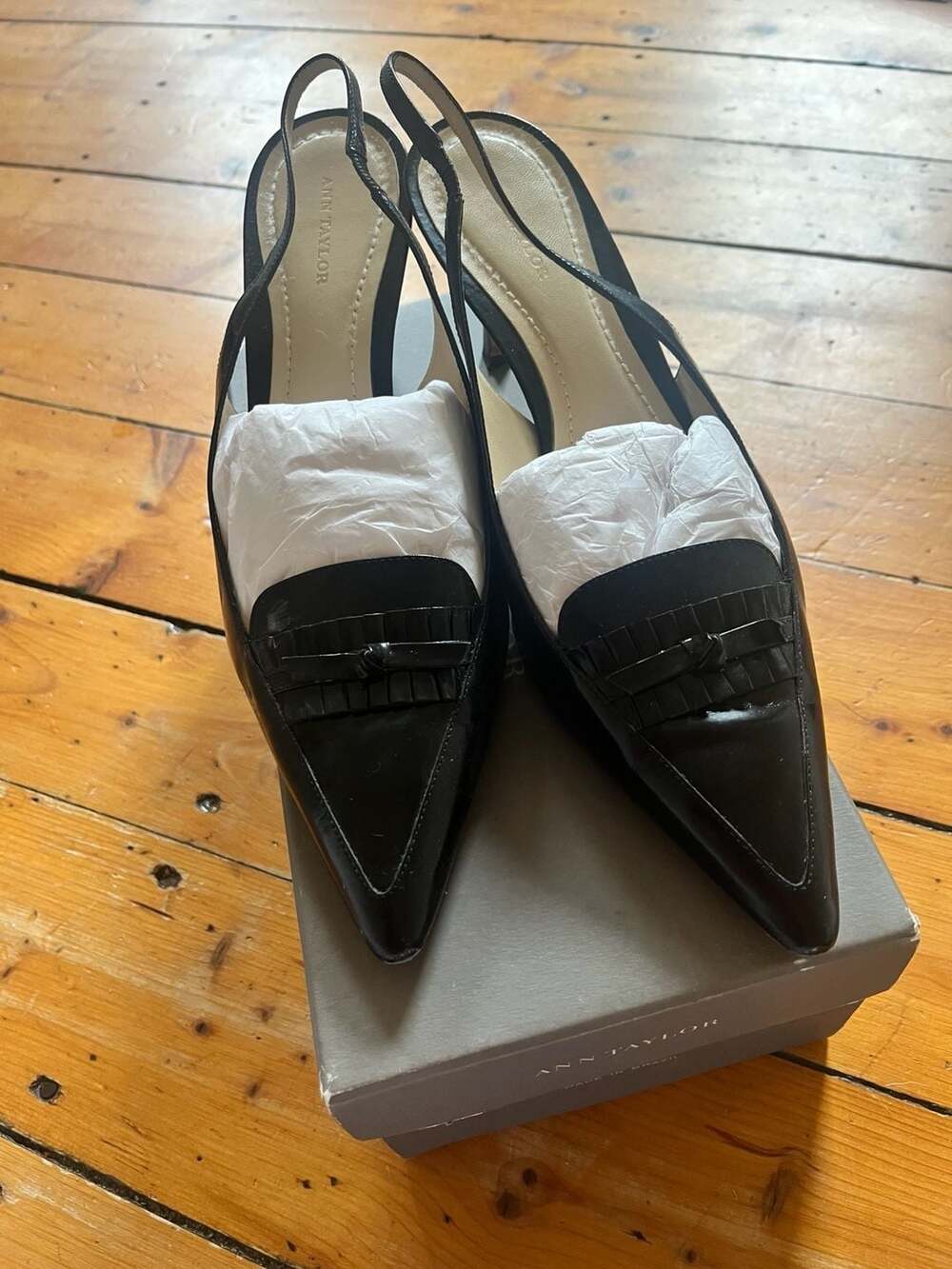Ann Taylor Black Leather Pointed Toe Slingback Heels With Fringe Detail 10